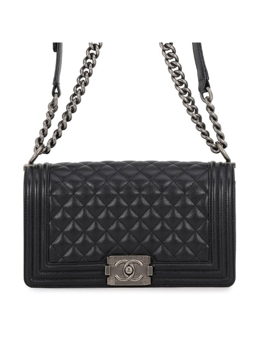 Chanel Chain Shoulder Bag Quilted CC Logo Boy 25 Caviar Leather Black